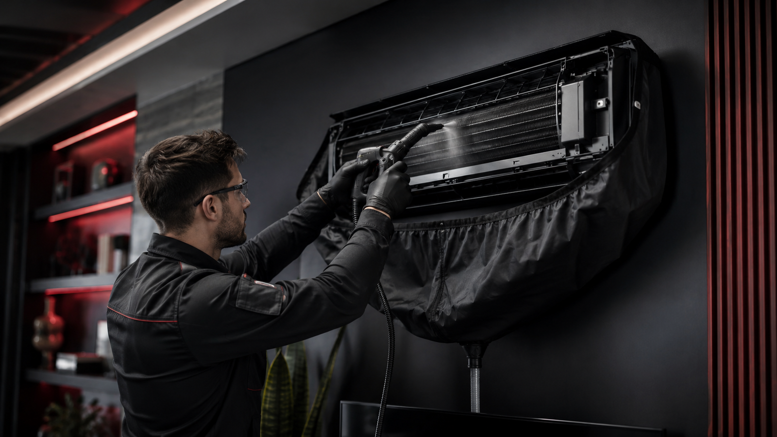 Técnico realizando higienização completa de ar-condicionado